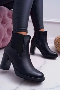 Botki Damskie Na Słupku z Zamkiem Czarne Beloved