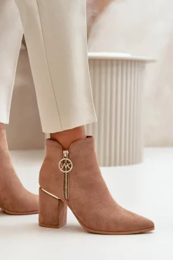 Botki Damskie Na Słupku Z Noskami W Szpic Eko Zamszowe Ocieplane Brązowe Raisha