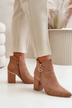 Botki Damskie Na Słupku Z Noskami W Szpic Eko Zamszowe Ocieplane Brązowe Raisha