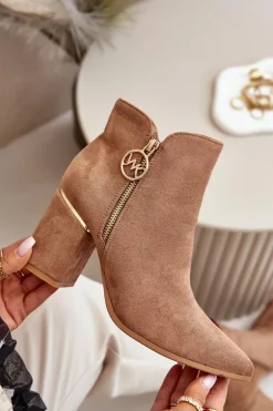 Botki Damskie Na Słupku Z Noskami W Szpic Eko Zamszowe Ocieplane Brązowe Raisha