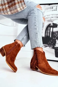 Botki Damskie Na Słupku Z Frędzlami Kowbojki Camel Mirage