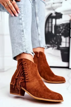 Botki Damskie Na Słupku Z Frędzlami Kowbojki Camel Mirage
