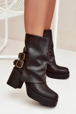 Botki Damskie Na Słupku Z Klamrami Czekoladowe Marena