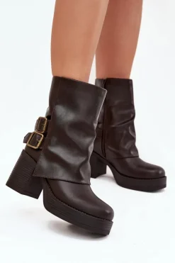 Botki Damskie Na Słupku Z Klamrami Czekoladowe Marena