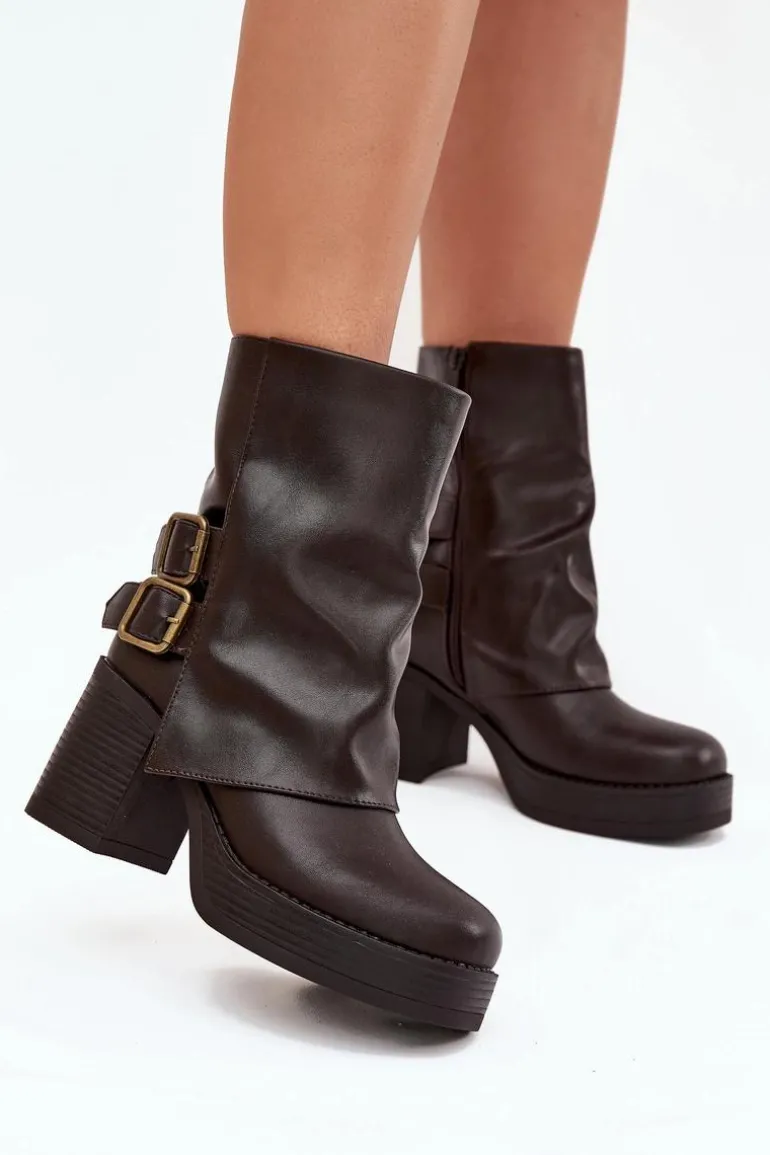 Botki Damskie Na Słupku Z Klamrami Czekoladowe Marena