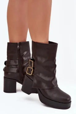 Botki Damskie Na Słupku Z Klamrami Czekoladowe Marena