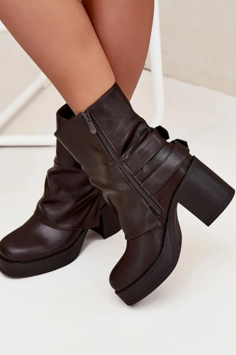 Botki Damskie Na Słupku Z Klamrami Czekoladowe Marena