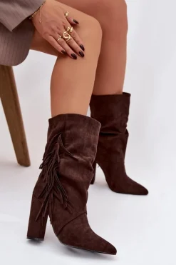 Botki Damskie Na Słupku Z Frędzlami I Marszczeniem Ocieplane Czekoladowe Darlina