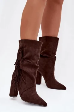Botki Damskie Na Słupku Z Frędzlami I Marszczeniem Ocieplane Czekoladowe Darlina
