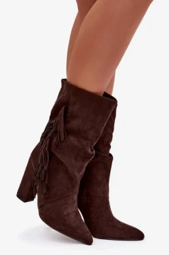 Botki Damskie Na Słupku Z Frędzlami I Marszczeniem Ocieplane Czekoladowe Darlina