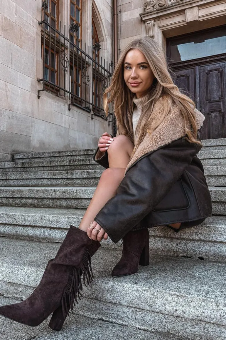 Botki Damskie Na Słupku Z Frędzlami I Marszczeniem Ocieplane Czekoladowe Darlina