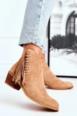 Botki Damskie Na Słupku Z Frędzlami Kowbojki Khaki Mirage