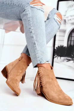 Botki Damskie Na Słupku Z Frędzlami Kowbojki Khaki Mirage