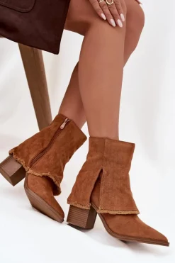 Botki Damskie Na Słupku Z Wywiniętą Cholewką Camel Idalia