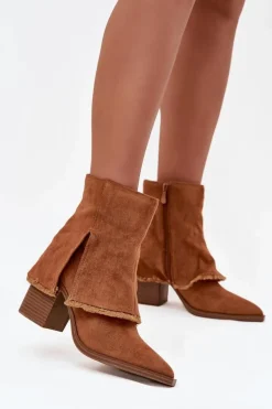 Botki Damskie Na Słupku Z Wywiniętą Cholewką Camel Idalia