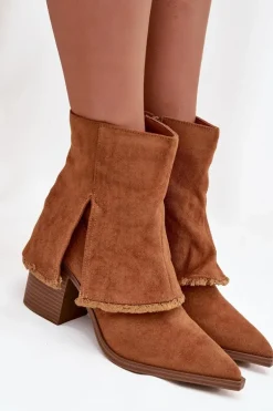 Botki Damskie Na Słupku Z Wywiniętą Cholewką Camel Idalia