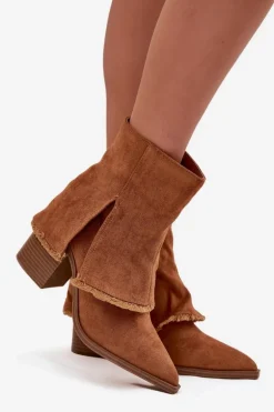 Botki Damskie Na Słupku Z Wywiniętą Cholewką Camel Idalia