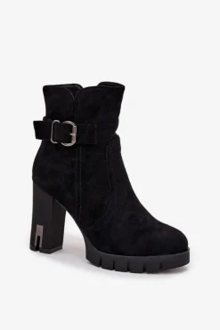 Botki Damskie Na Słupku Z Klamrą Ocieplane Czarne Selisse