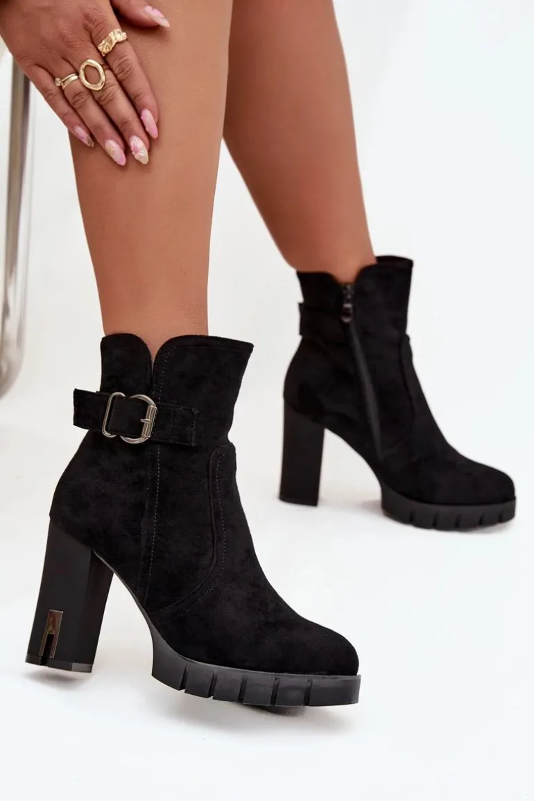 Botki Damskie Na Słupku Z Klamrą Ocieplane Czarne Selisse