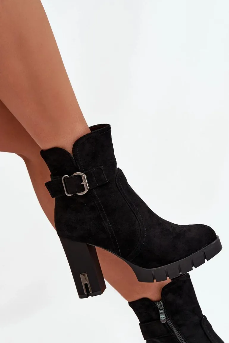 Botki Damskie Na Słupku Z Klamrą Ocieplane Czarne Selisse