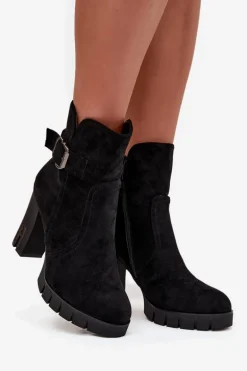 Botki Damskie Na Słupku Z Klamrą Ocieplane Czarne Selisse