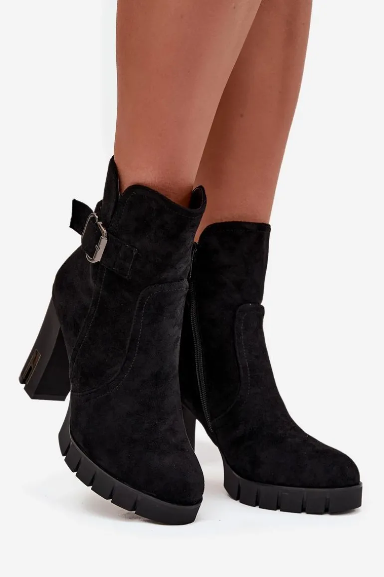 Botki Damskie Na Słupku Z Klamrą Ocieplane Czarne Selisse
