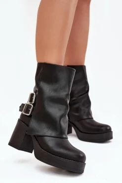 Botki Damskie Na Słupku Z Klamrami Czarne Marena
