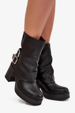 Botki Damskie Na Słupku Z Klamrami Czarne Marena
