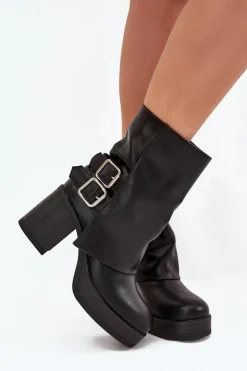 Botki Damskie Na Słupku Z Klamrami Czarne Marena
