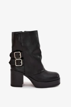 Botki Damskie Na Słupku Z Klamrami Czarne Marena
