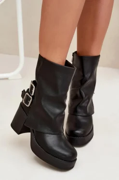 Botki Damskie Na Słupku Z Klamrami Czarne Marena
