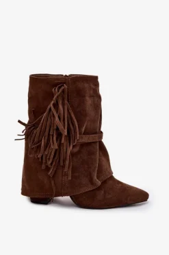 Botki Damskie Na Słupku Z Frędzlami I Złotymi Klamrami Brązowe Evelisse