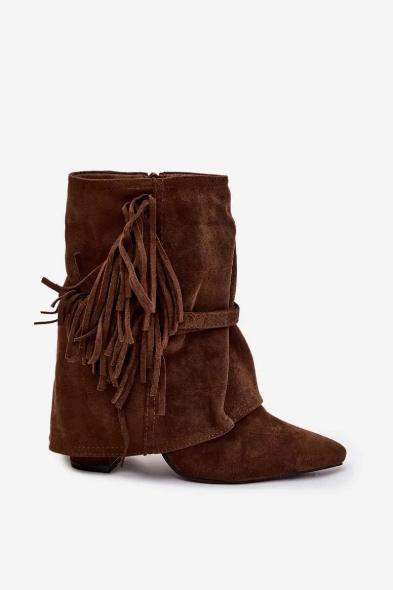 Botki Damskie Na Słupku Z Frędzlami I Złotymi Klamrami Brązowe Evelisse