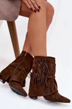 Botki Damskie Na Słupku Z Frędzlami I Złotymi Klamrami Brązowe Evelisse