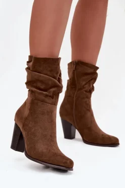 Botki Damskie Na Słupku Z Marszczeniem Brązowe Jovessa