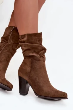 Botki Damskie Na Słupku Z Marszczeniem Brązowe Jovessa