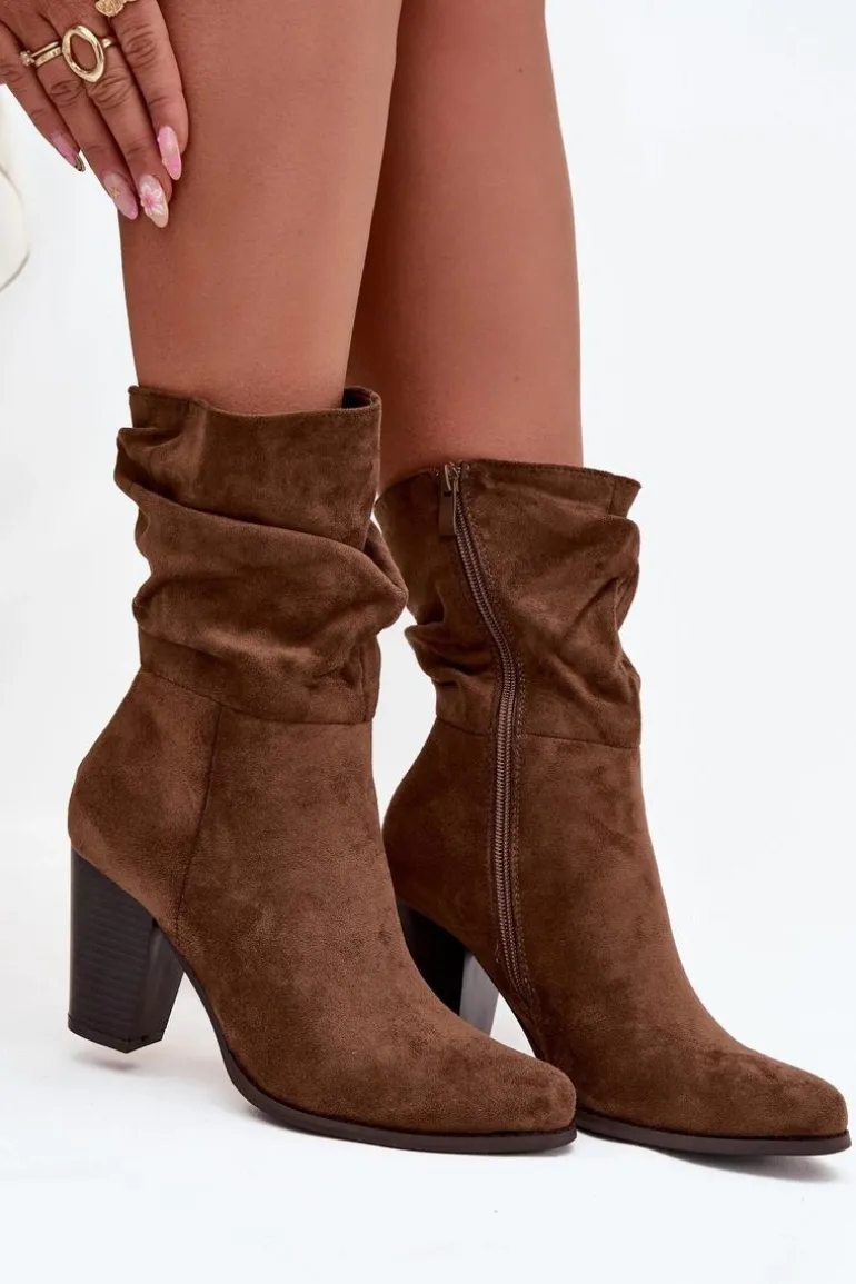 Botki Damskie Na Słupku Z Marszczeniem Brązowe Jovessa