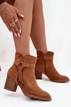 Botki Damskie Na Słupku Z Frędzlami Camel Rosabella