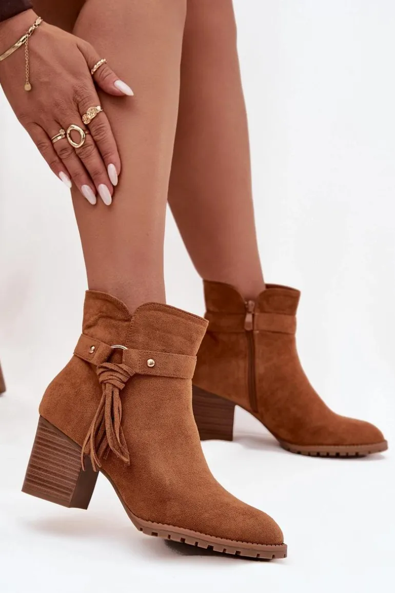 Botki Damskie Na Słupku Z Frędzlami Camel Rosabella