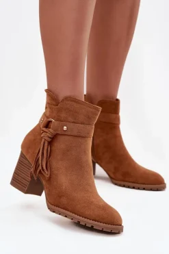 Botki Damskie Na Słupku Z Frędzlami Camel Rosabella