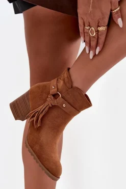 Botki Damskie Na Słupku Z Frędzlami Camel Rosabella