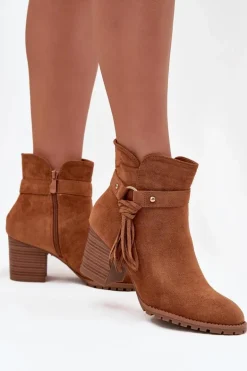 Botki Damskie Na Słupku Z Frędzlami Camel Rosabella