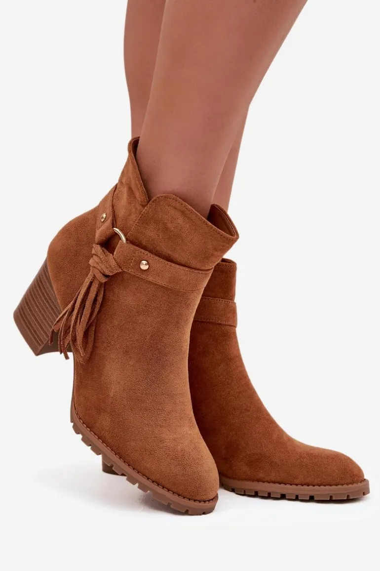 Botki Damskie Na Słupku Z Frędzlami Camel Rosabella