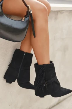 Botki Damskie Na Słupku Z Frędzlami I Złotymi Klamrami Czarne Evelisse