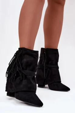 Botki Damskie Na Słupku Z Frędzlami I Złotymi Klamrami Czarne Evelisse