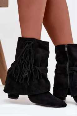 Botki Damskie Na Słupku Z Frędzlami I Złotymi Klamrami Czarne Evelisse