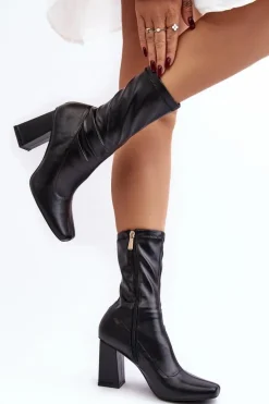 Botki Damskie Na Słupku Z Kwadratowym Noskiem Czarne Glavina