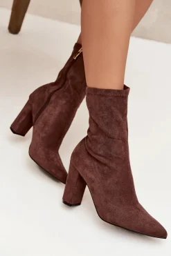 Botki Damskie Na Słupku Z Przeszyciami Brązowe Rosivelle