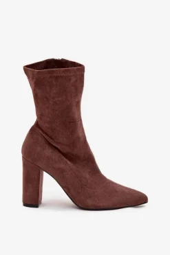 Botki Damskie Na Słupku Z Przeszyciami Brązowe Rosivelle