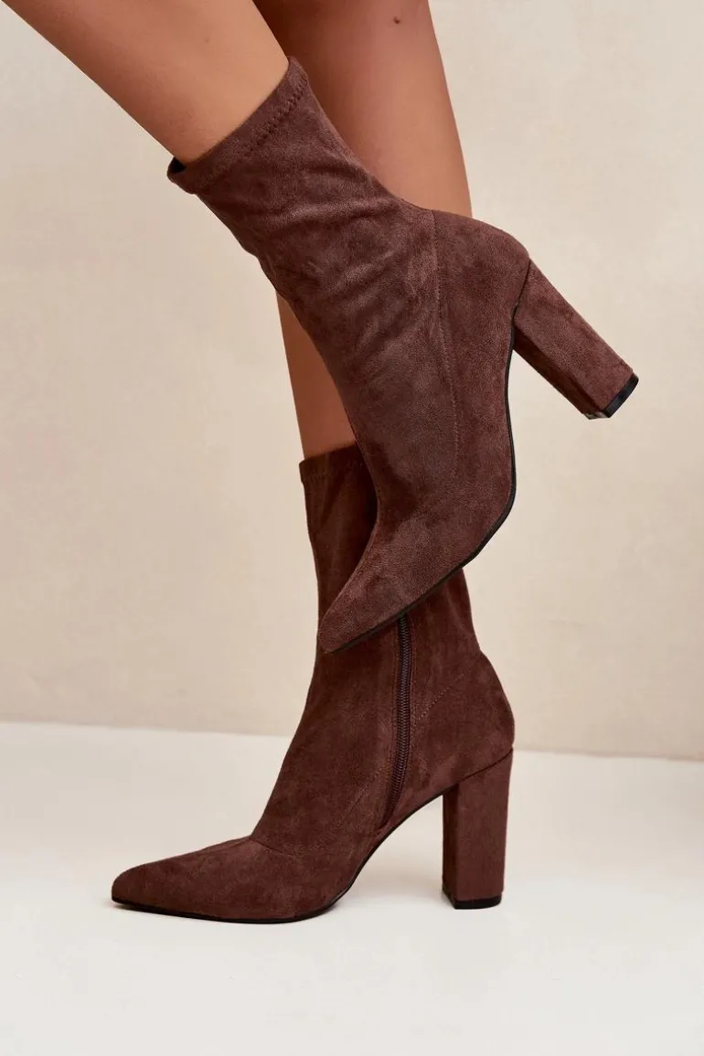 Botki Damskie Na Słupku Z Przeszyciami Brązowe Rosivelle